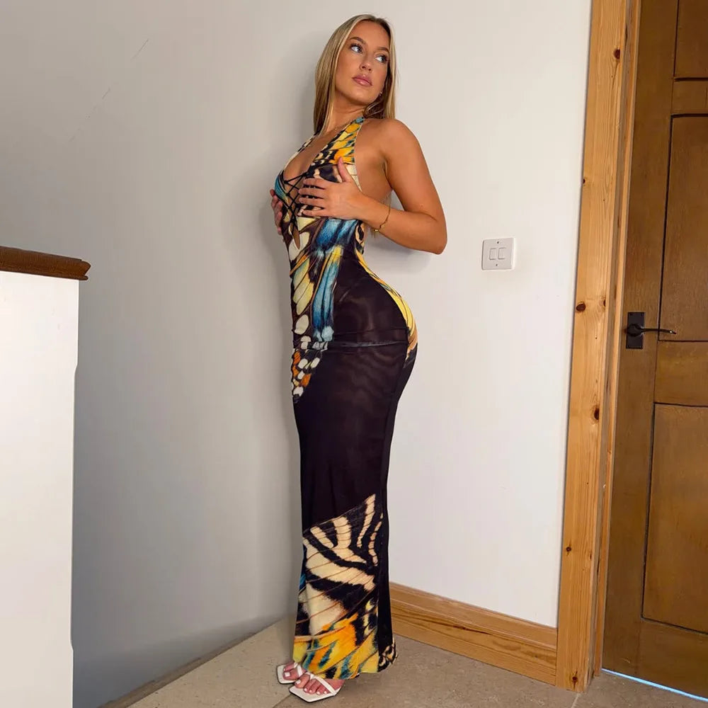 Robe longue dos nu à col halter, imprimé papillon, moulante et ajourée
