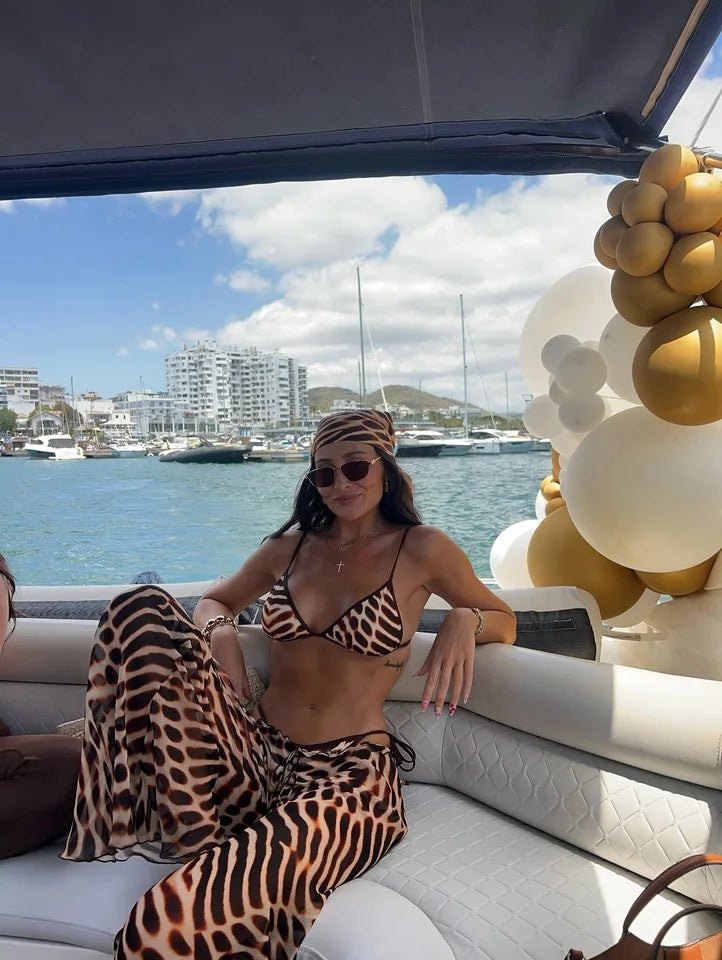 Ensemble bikini 3 pièces imprimé léopard à taille ajustée, dos nu