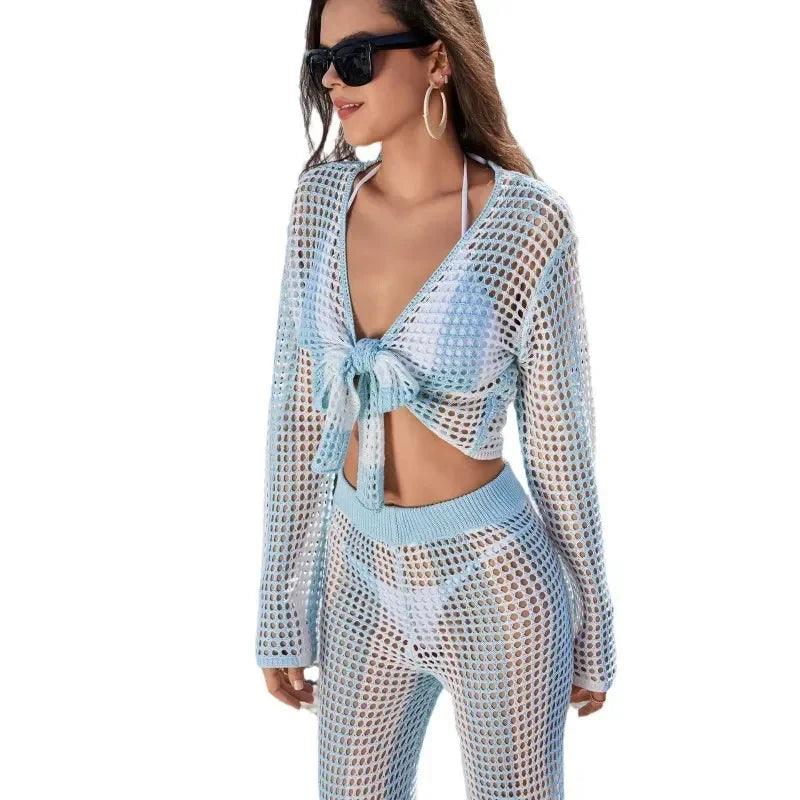 Ensemble 2 pièces d’été rayé en maille pour femme – cache-maillot de plage à cardigan manches longues et pantalon long