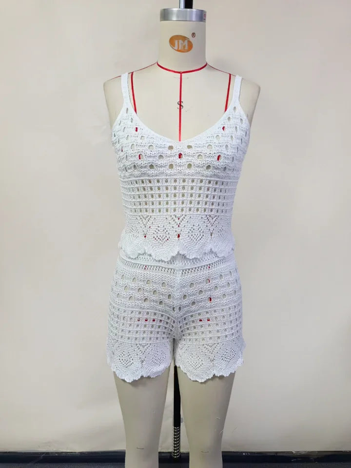 Ensemble 2 pièces en crochet pour femme – débardeur court et short ajouré