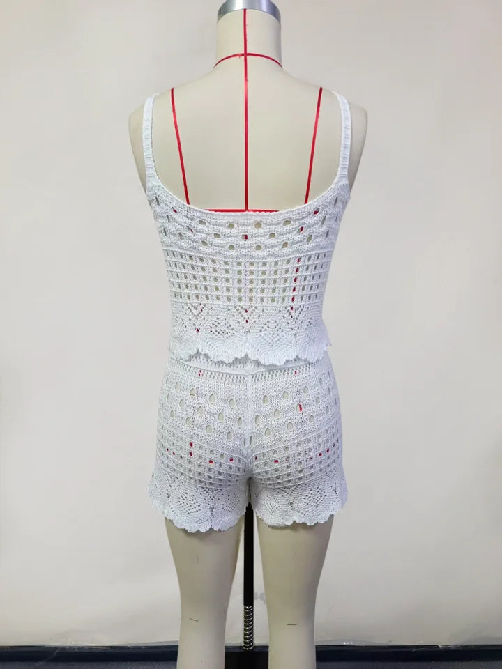 Ensemble 2 pièces en crochet pour femme – débardeur court et short ajouré