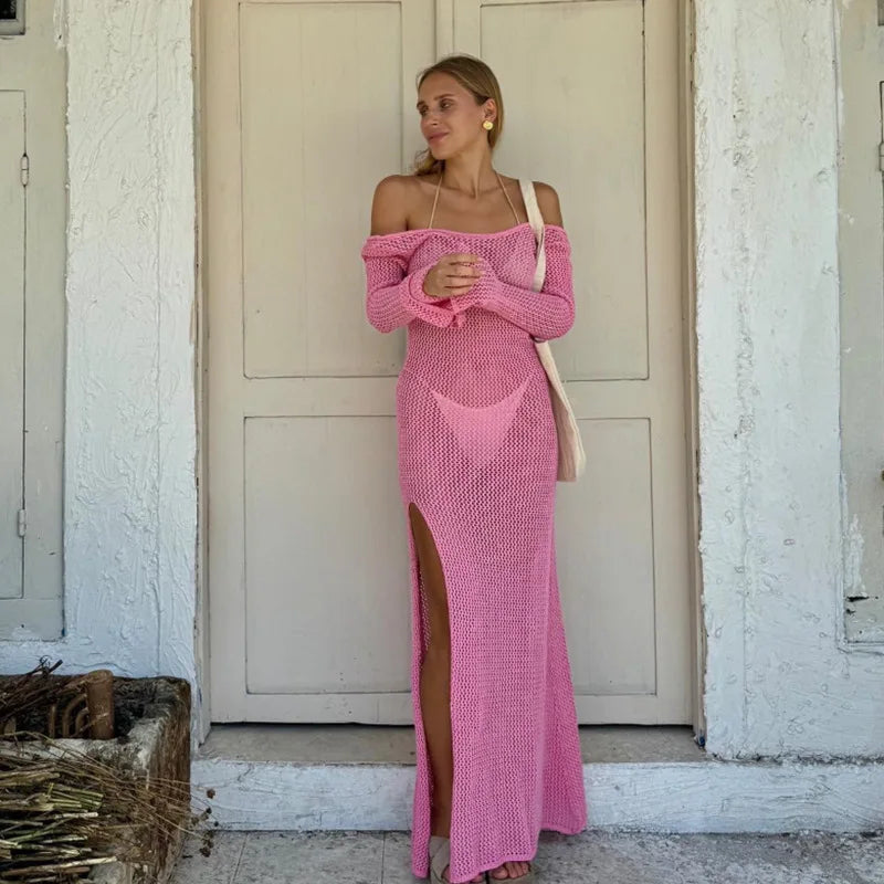 Robe kaftan longue en maille respirante avec dos nu et fente latérale