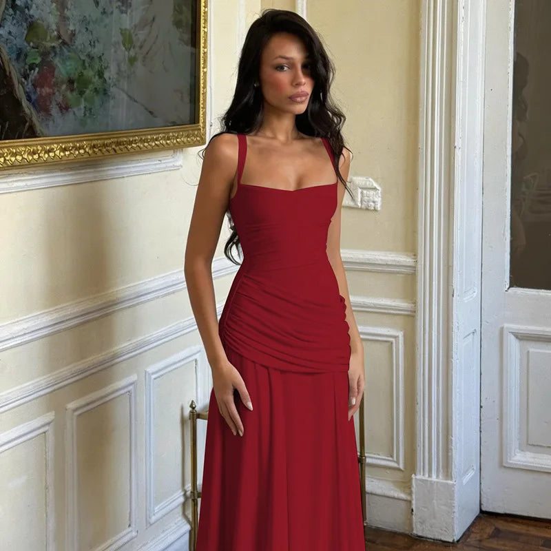Robe longue moulante froncée dos nu à bretelles