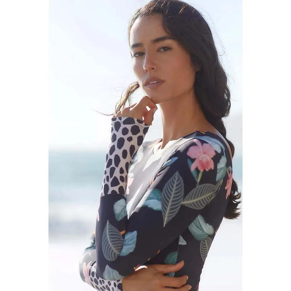 Maillot de bain rash guard une pièce à manches longues floral, zip frontal