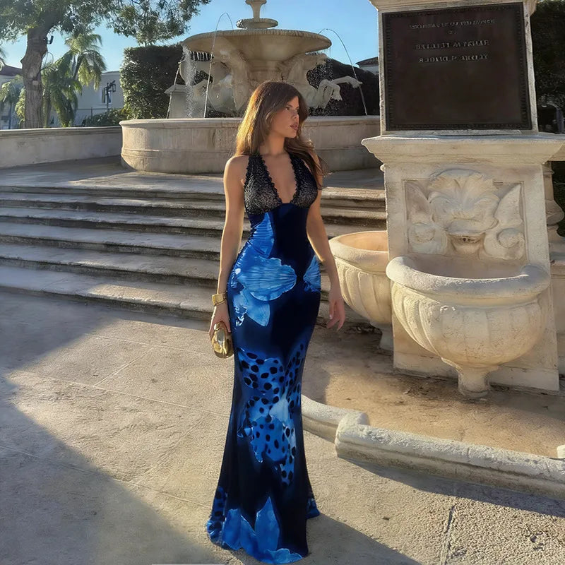 Robe longue fleurie dos nu à col halter pour femme