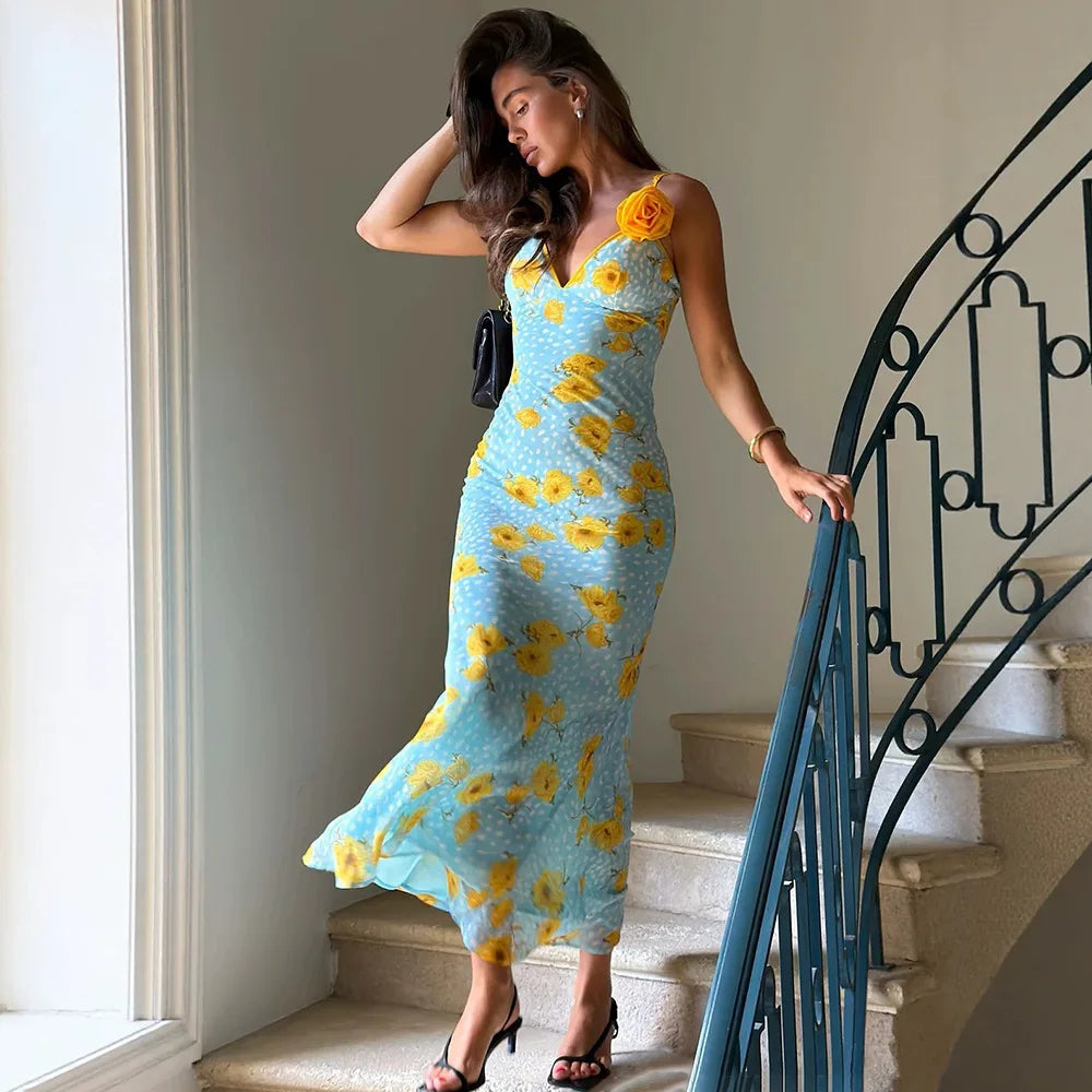 Robe longue fleurie à bretelles spaghetti, dos nu, été