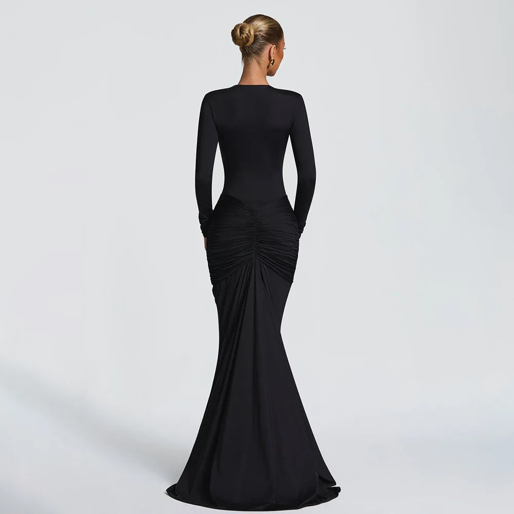 Robe longue femme col V profond, manches longues, coupe ajustée