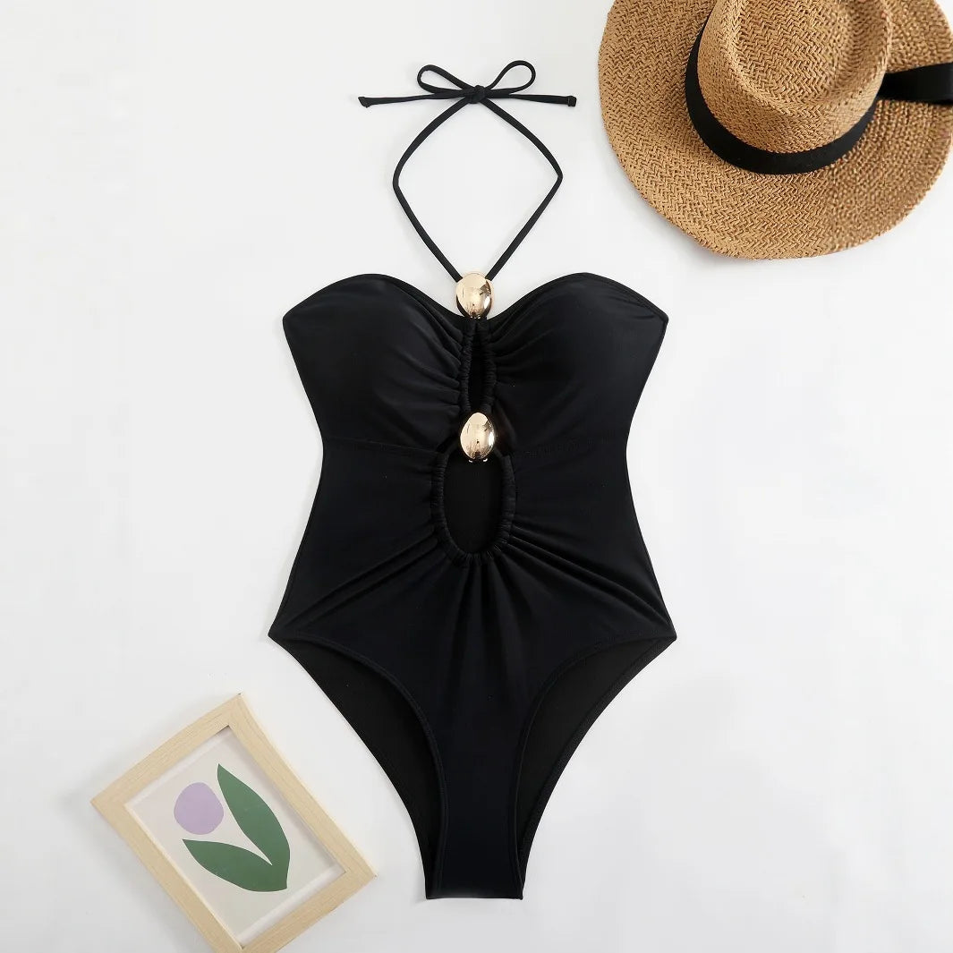 Maillot de bain 1 pièce femme à col halter, découpes et anneau métal