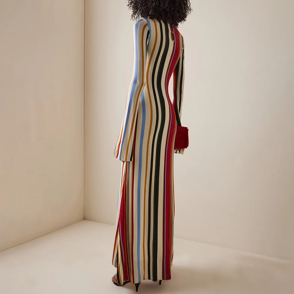 Robe Maxi Beach Demoiselle à Manches Longues, Rayée et Élégante pour Femme – Style Décontracté et Chic