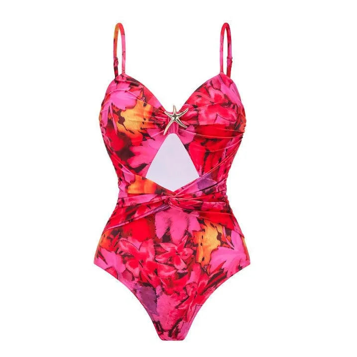 Maillot de bain 1 pièce fleuri à découpes et dos nu