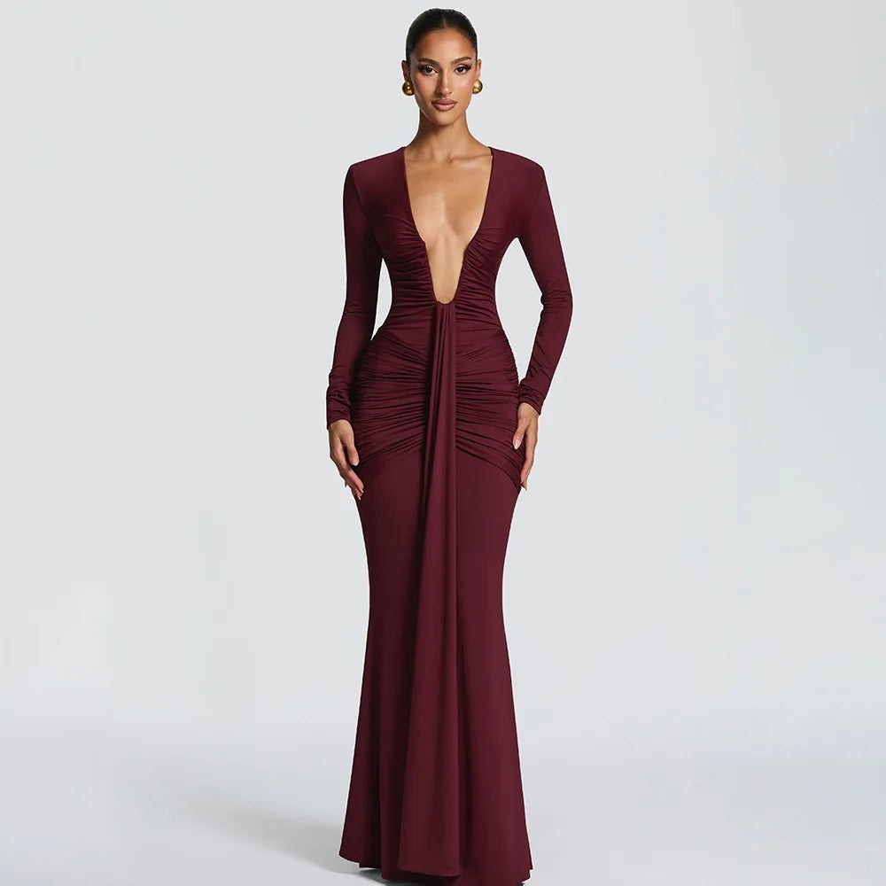 Robe longue femme col V profond, manches longues, coupe ajustée