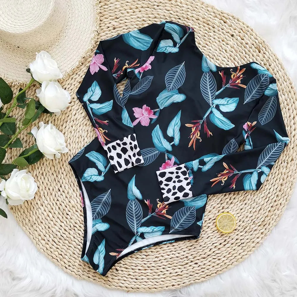 Maillot de bain rash guard une pièce à manches longues floral, zip frontal