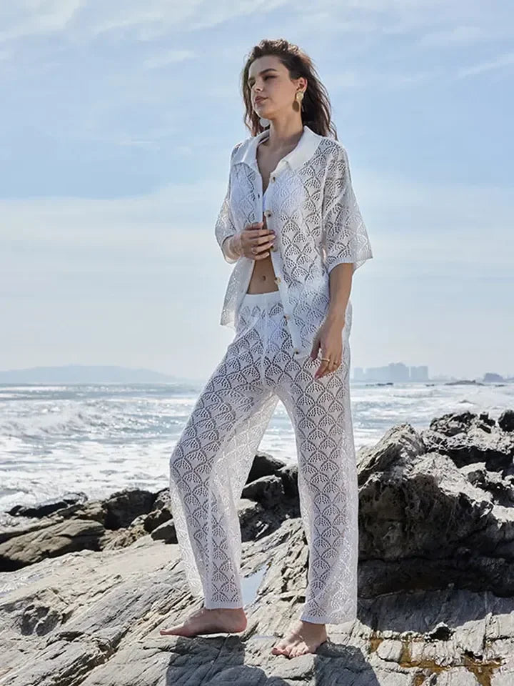 Ensemble 2 pièces cover-up en maille pour la plage, top à col V et pantalon à cordon