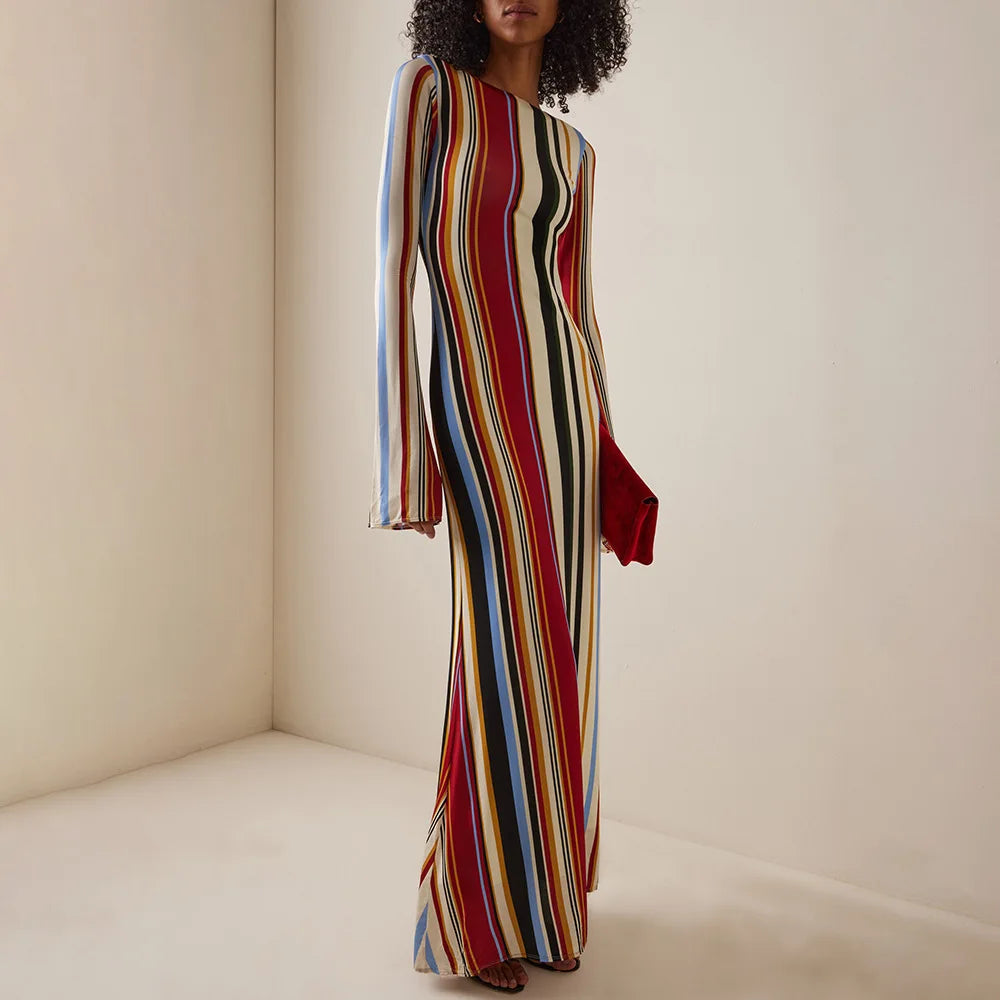 Robe Maxi Beach Demoiselle à Manches Longues, Rayée et Élégante pour Femme – Style Décontracté et Chic