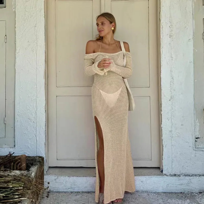 Robe kaftan longue en maille respirante avec dos nu et fente latérale