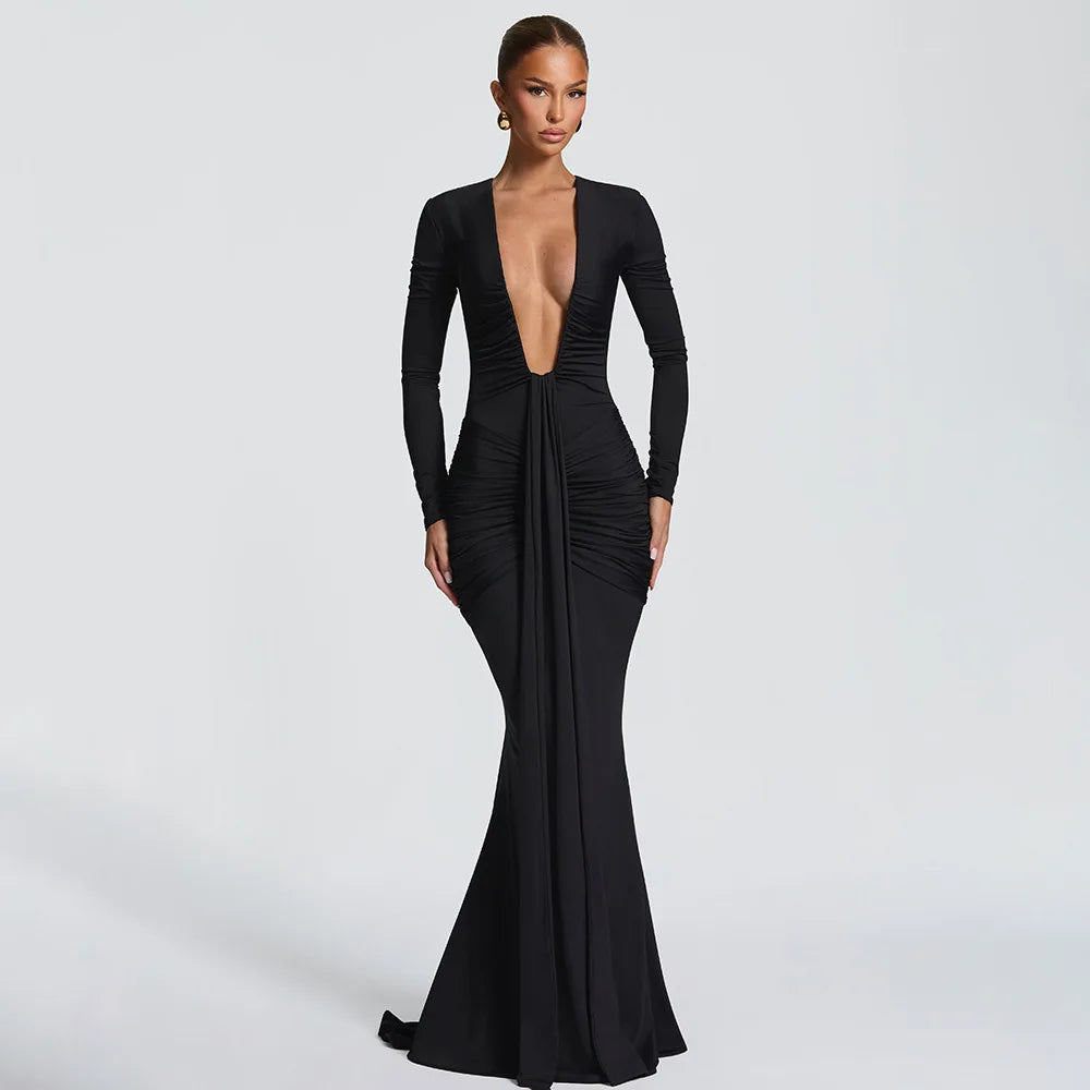 Robe longue femme col V profond, manches longues, coupe ajustée