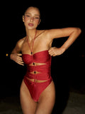 Maillot de bain une pièce rouge échancré dos nu à col halter pour femme
