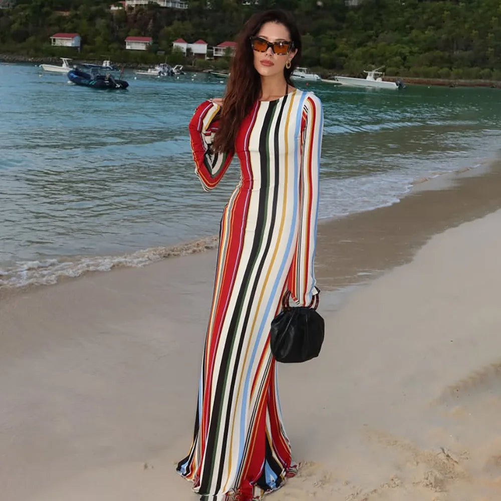 Robe Maxi Beach Demoiselle à Manches Longues, Rayée et Élégante pour Femme – Style Décontracté et Chic