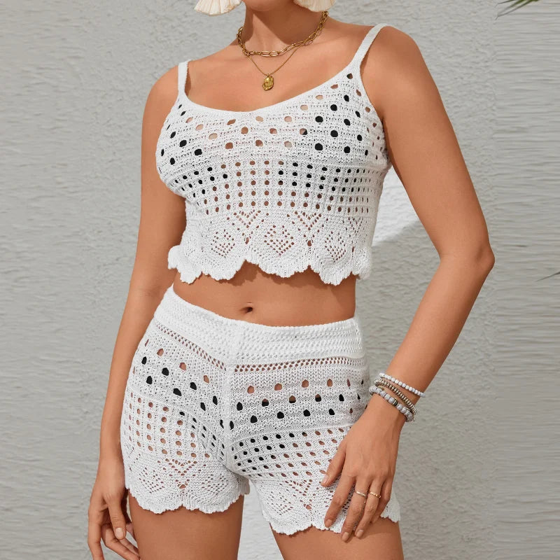 Ensemble 2 pièces en crochet pour femme – débardeur court et short ajouré