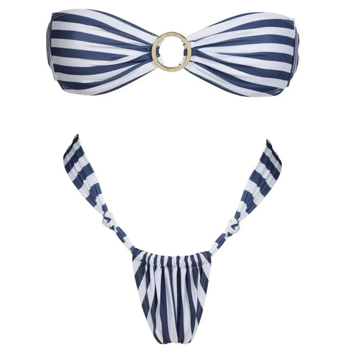Bikini 2 pièces rayé bandeau avec push-up et anneau O