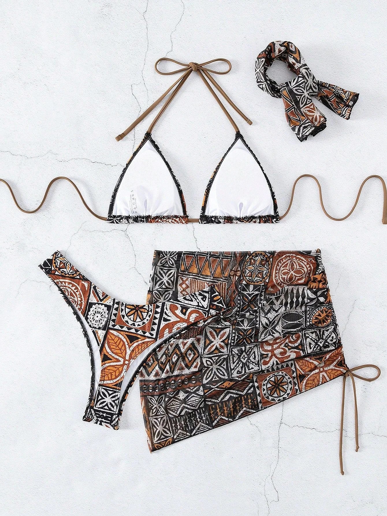 Maillot de bain femme 2 pièces taille haute avec foulard