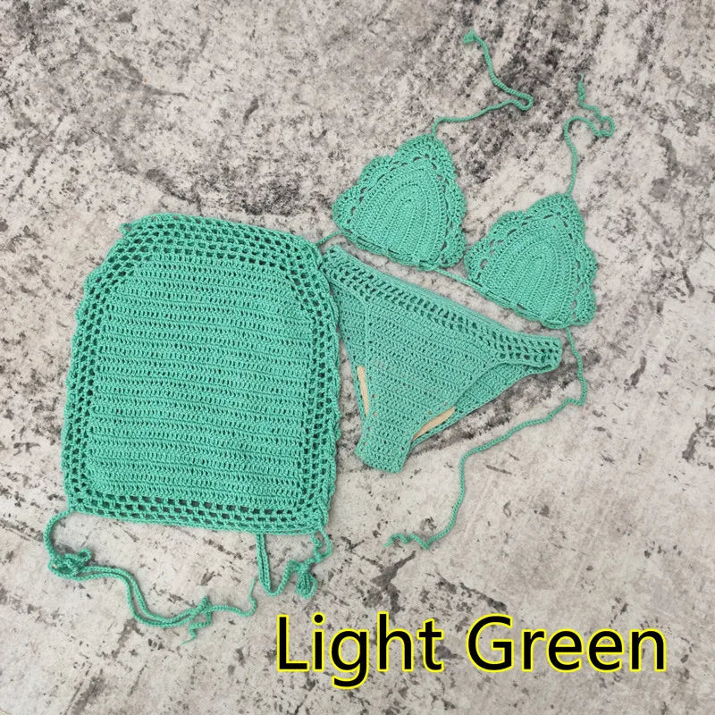 Ensemble bikini 3 pièces au crochet fait main avec jupe de plage
