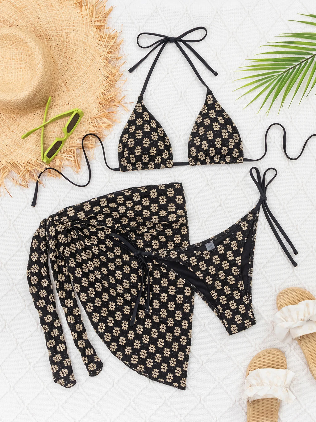 Maillot de bain bikini 3 pièces floral à taille haute avec bandeau et jupe amovible