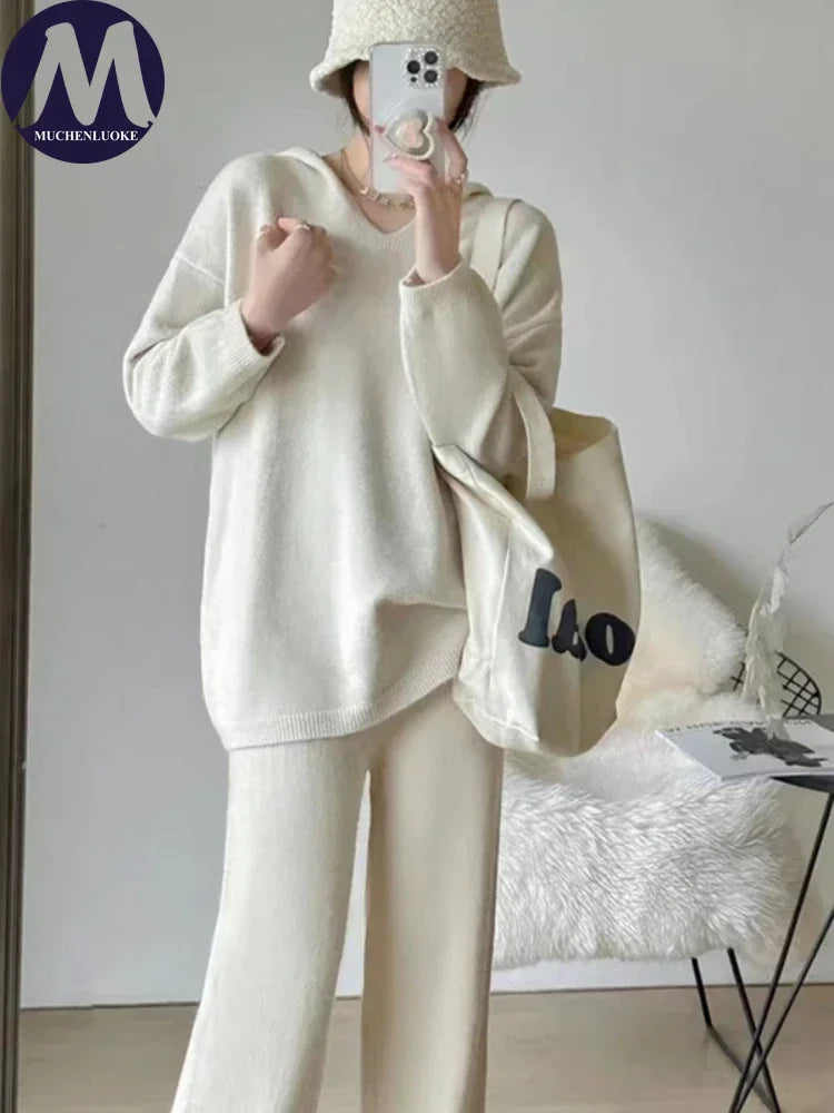 Women's 2-Piece Knit Set – Casual Sweater and Straight Leg Pants