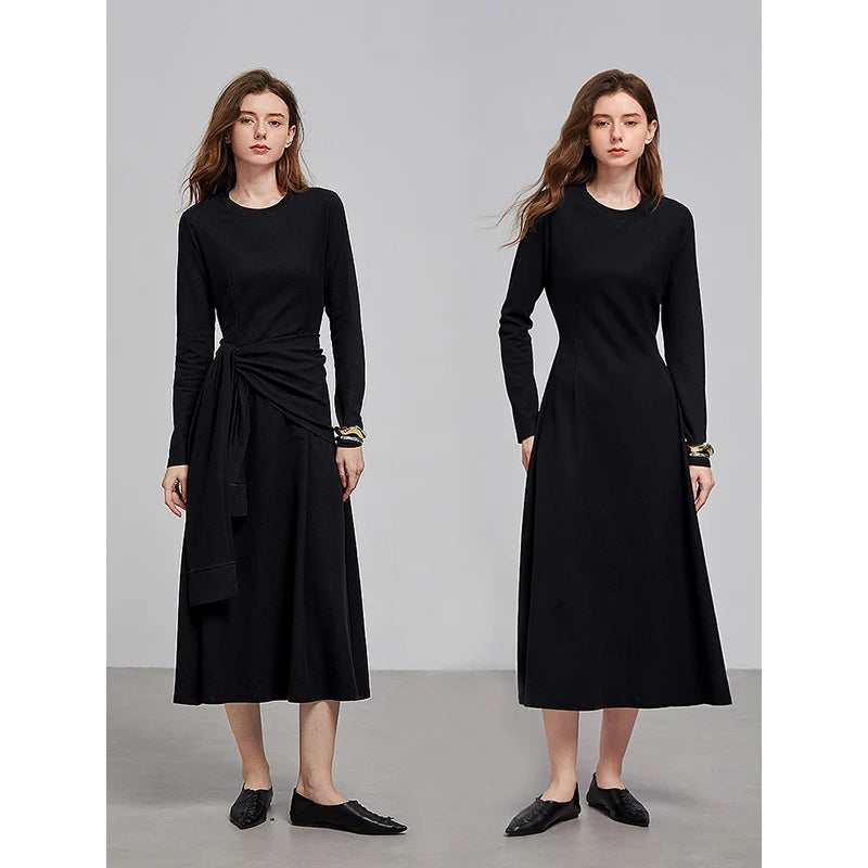 Robe femme mi‑mollet printemps/été coupe A à manches longues et ajourée