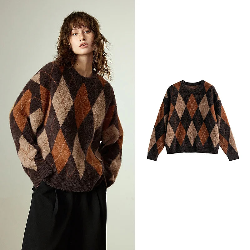 Pull Femme  – Style Nordique Argyle, Effet Mink, Col Rond