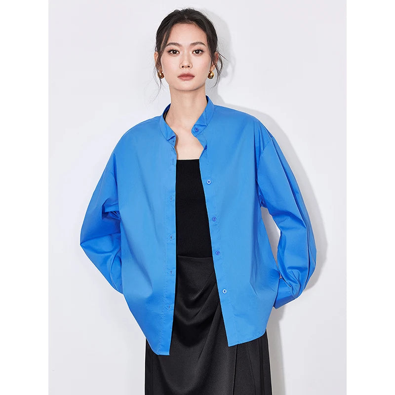 Chemise femme manches longues col montant uni casual