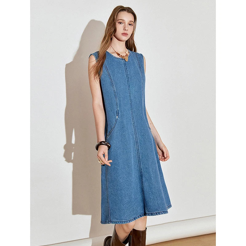 Women's sleeveless denim dress, spring style, open back with lace-up detailing, casual