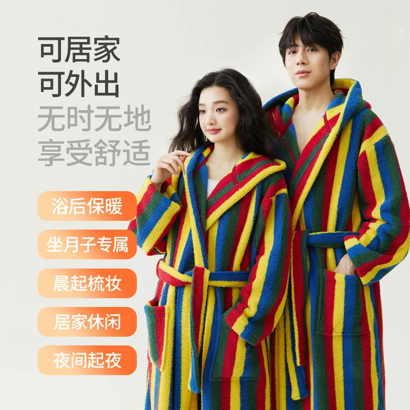 Peignoir Velours Rayé Couple Manches Longues