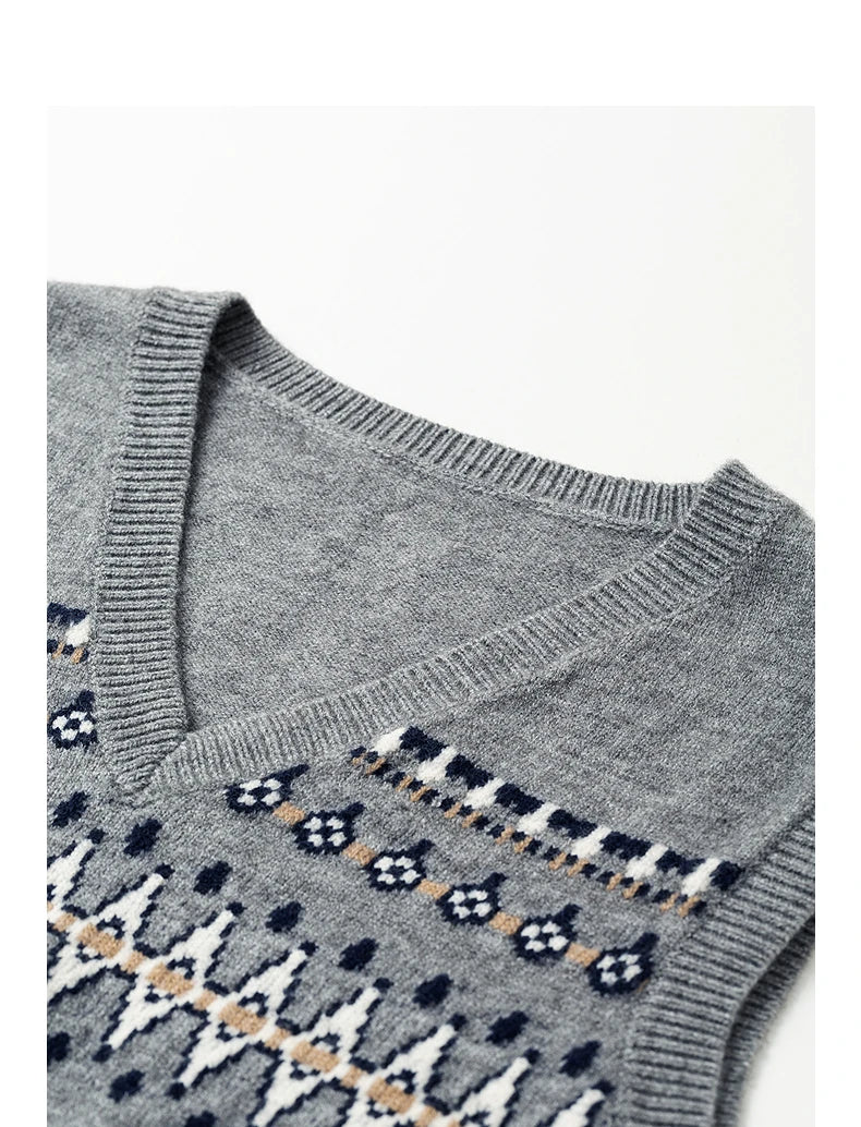 Gilet Femme– Jacquard Fair Isle, Col V, Style Nordique