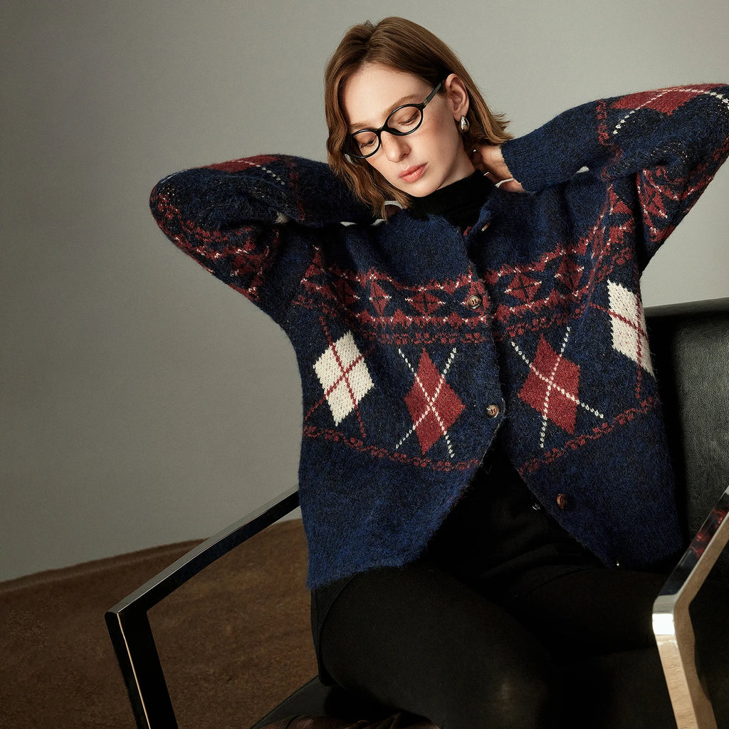 Damenpullover – Vintage-Nordischer Stil, Argyle-Jacquard-Muster, Seepferdchen-Kunstpelz, Rundhalsausschnitt
