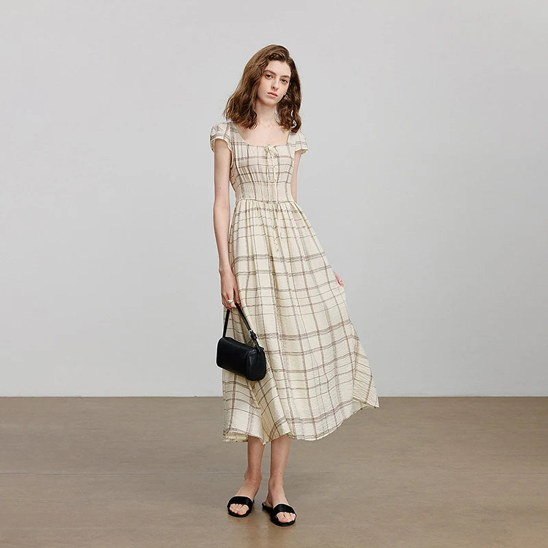 Robe femme mi‑mollet été style plage A-Line manches courtes à col carré