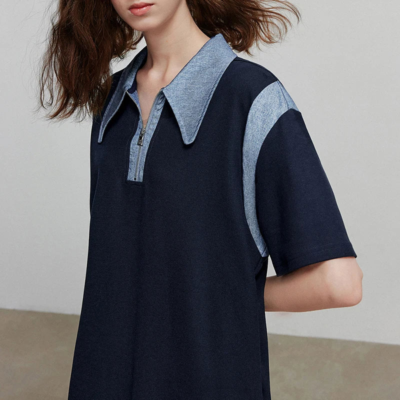 Robe femme genou été style office manches courtes col chemise à zip