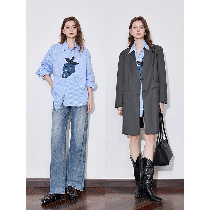 Chemise femme rayée manches longues en coton & spandex