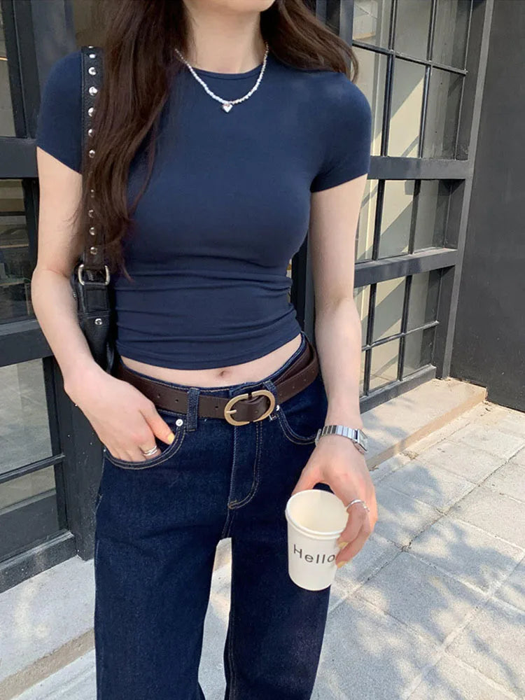 Crop Top Manches Courtes Unie Femme