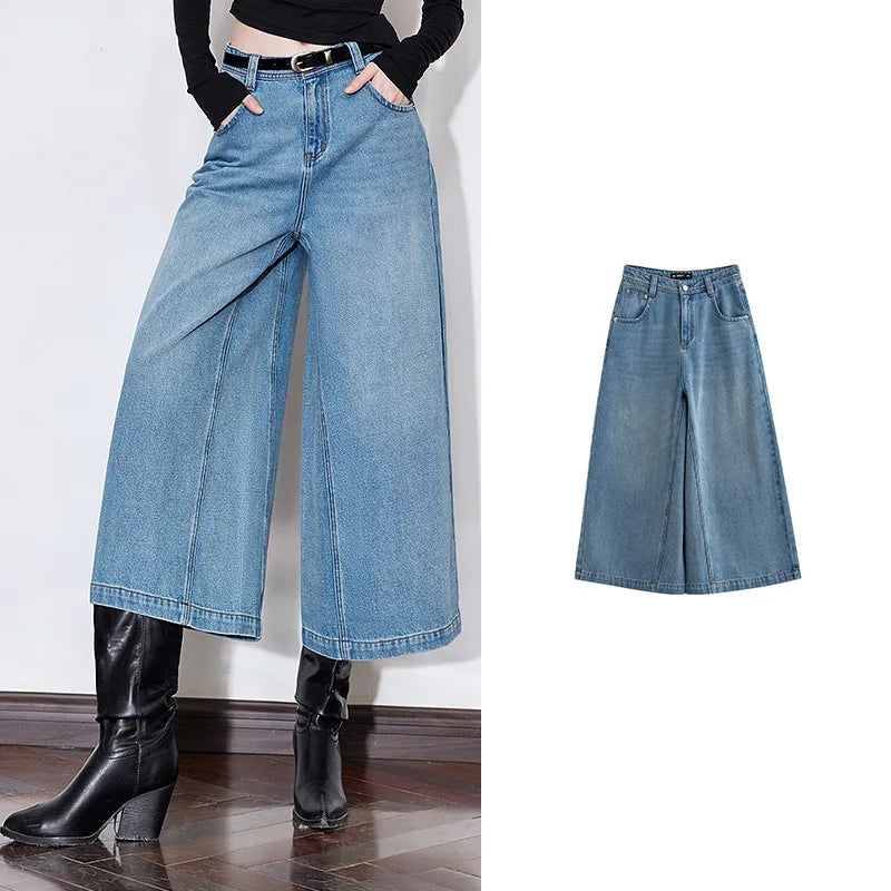 Jean femme taille mi‑haute coupe droite large longueur cheville