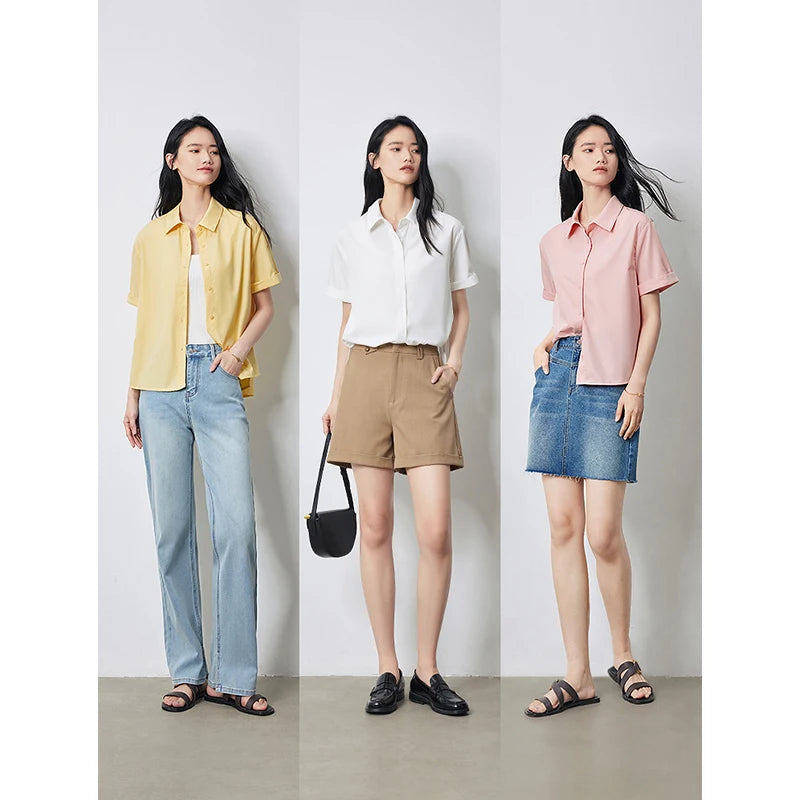 Women's short-sleeved shirt with a casual denim collar
