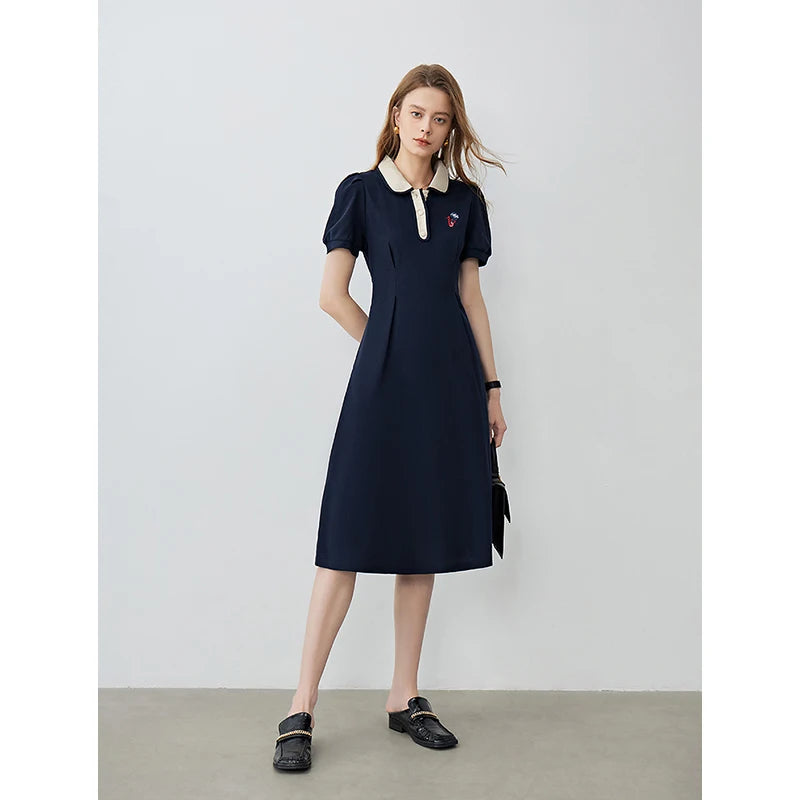 Robe femme mi-mollet été A-Line manches bouffantes col chemise brodée