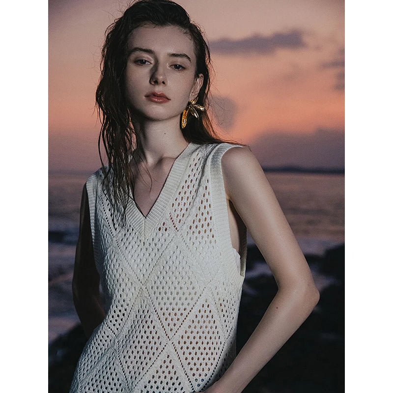 Damen Sommerkleid wadenlang A-Linie ärmellos V-Ausschnitt durchbrochen