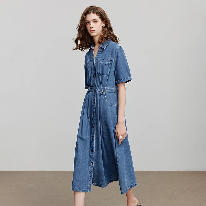 Robe femme mi‑mollet été style office à manches courtes coupe A