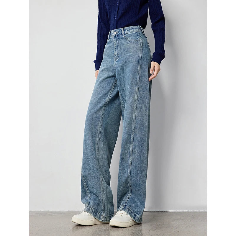 Jean femme taille haute coupe droite large avec fente