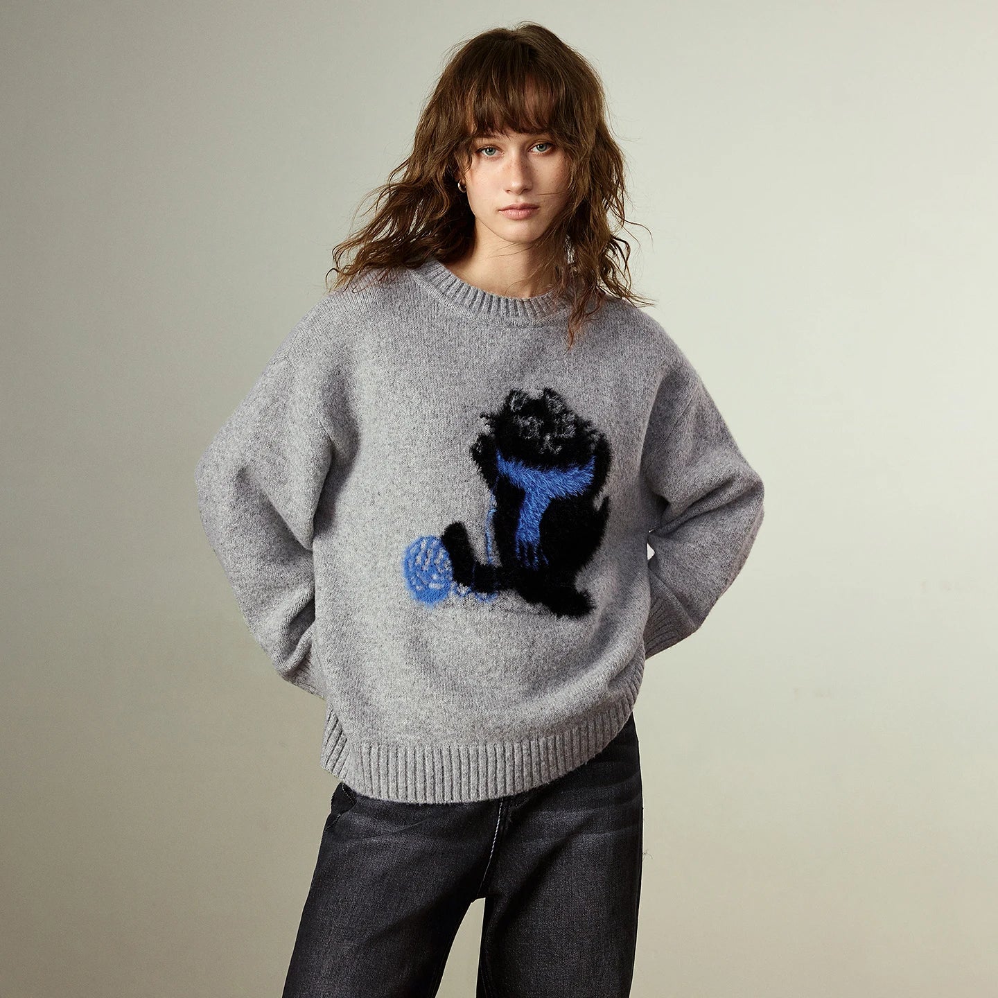 Pull Femme – Col Rond, Maille Épaisse Gris Clair, Motif Chat Jacquard, Velours Doux