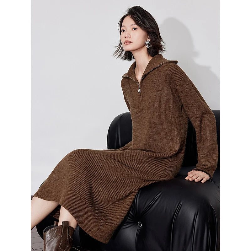 Women's mid-calf winter dress, straight, long sleeves, shirt collar with zipper