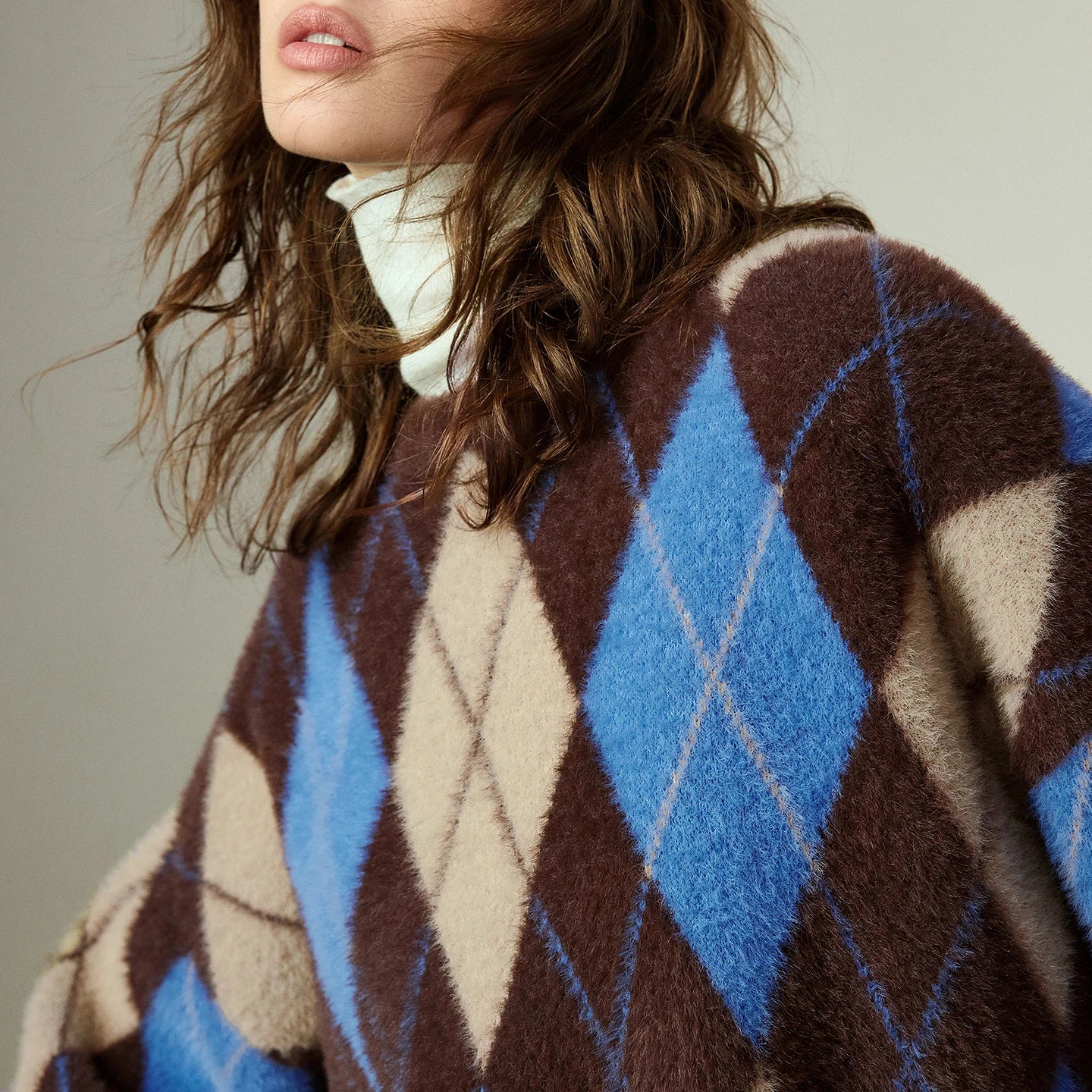 Pull Femme  – Style Nordique Argyle, Effet Mink, Col Rond