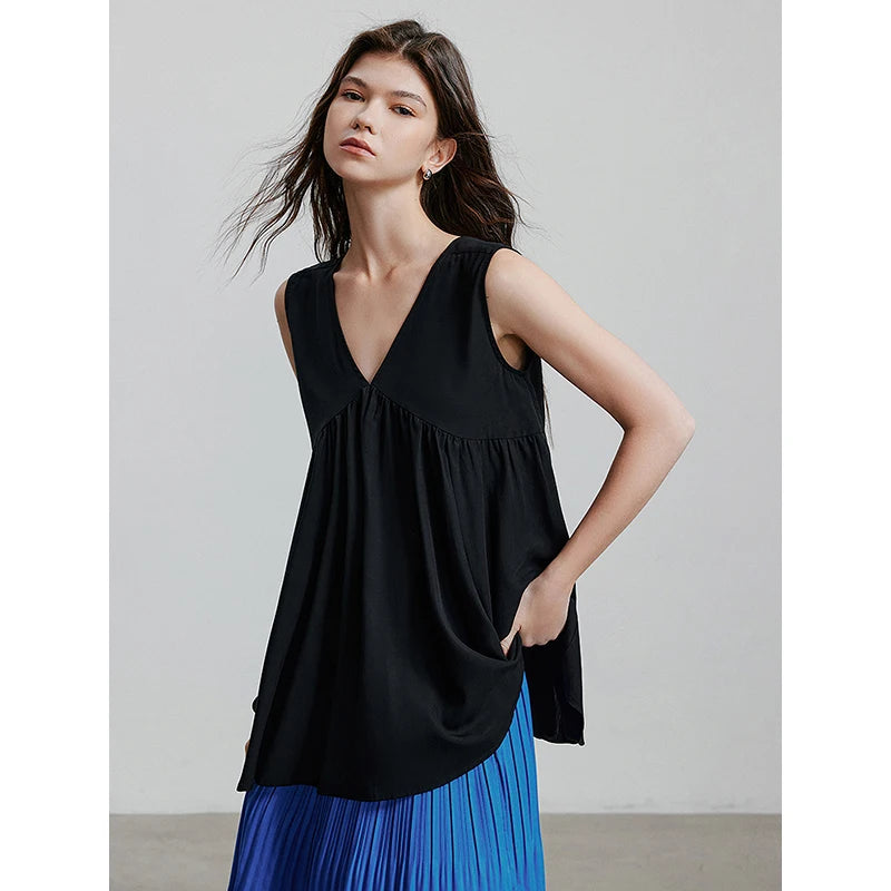 Chemise femme mi-longue sans manches col V patchwork