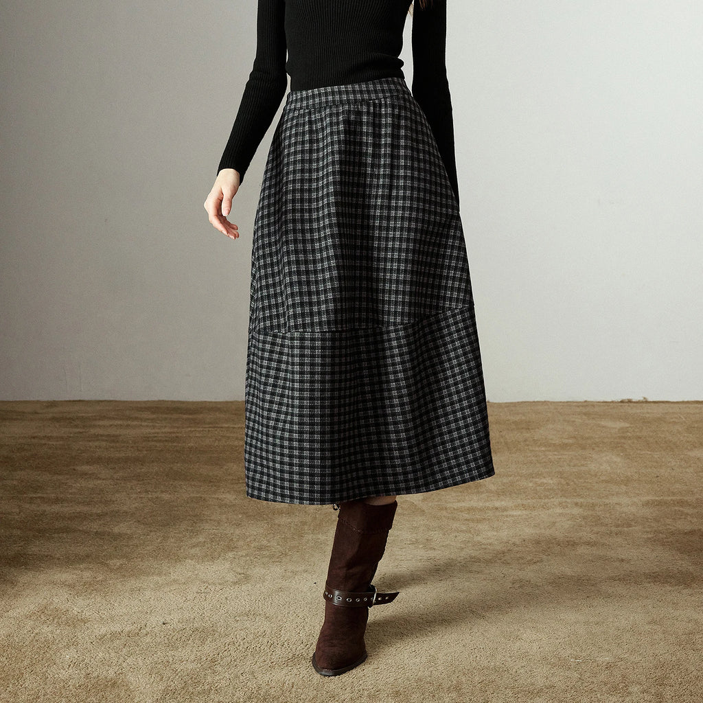Jupe Midi Femme – Taille Élastique, Motif Plaid et Fleurs Oversize, Fente Latérale